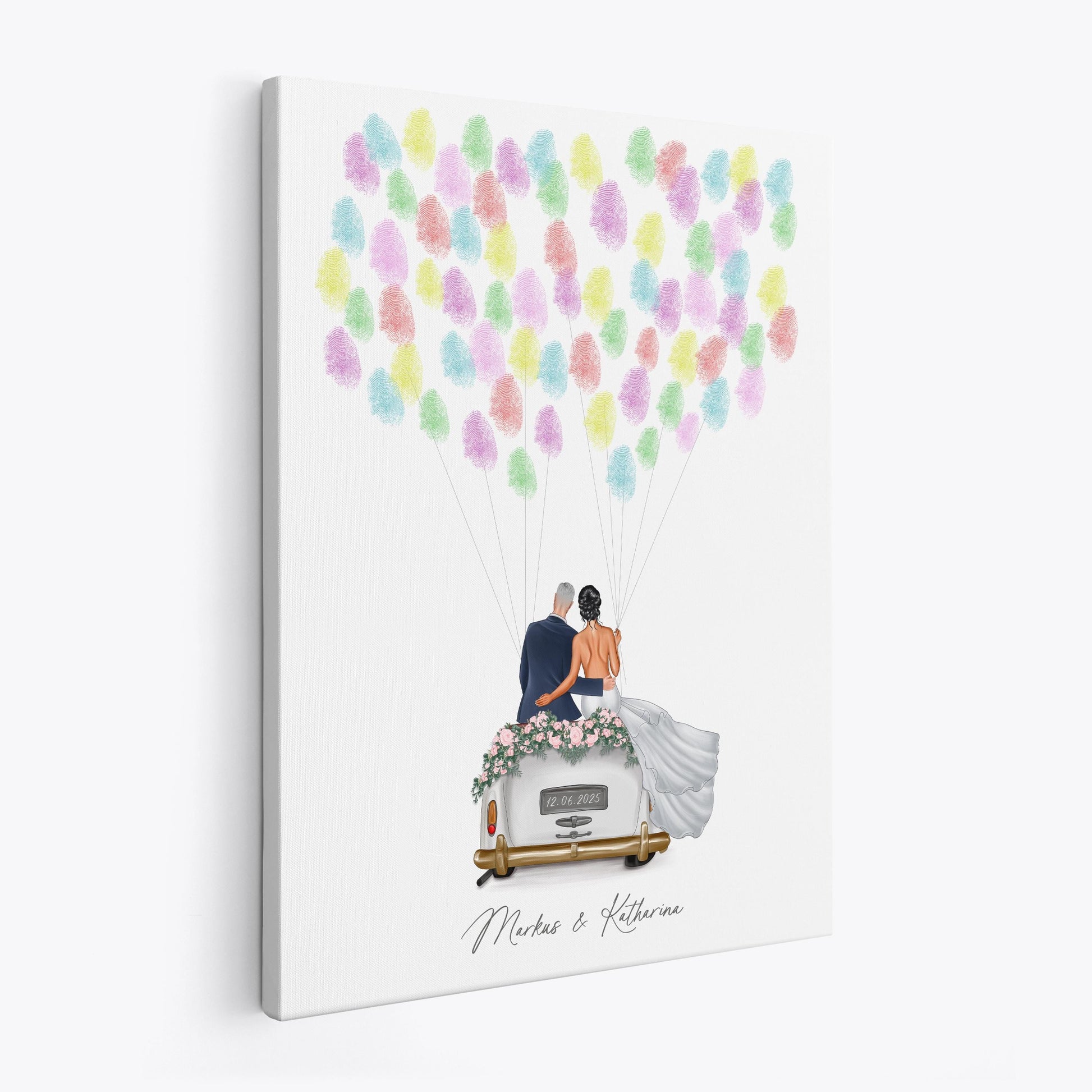Hochzeit Gästebuch Fingerabdruck Leinwand personalisiert mit Brautpaar Hochzeitsauto Hochzeitsgeschenk 30x40 cm (OHNE Farbe)
