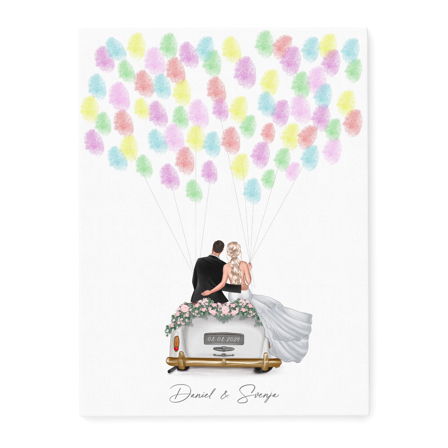 Hochzeit Gästebuch Fingerabdruck Leinwand personalisiert mit Brautpaar Hochzeitsauto Hochzeitsgeschenk 30x40 cm (OHNE Farbe)