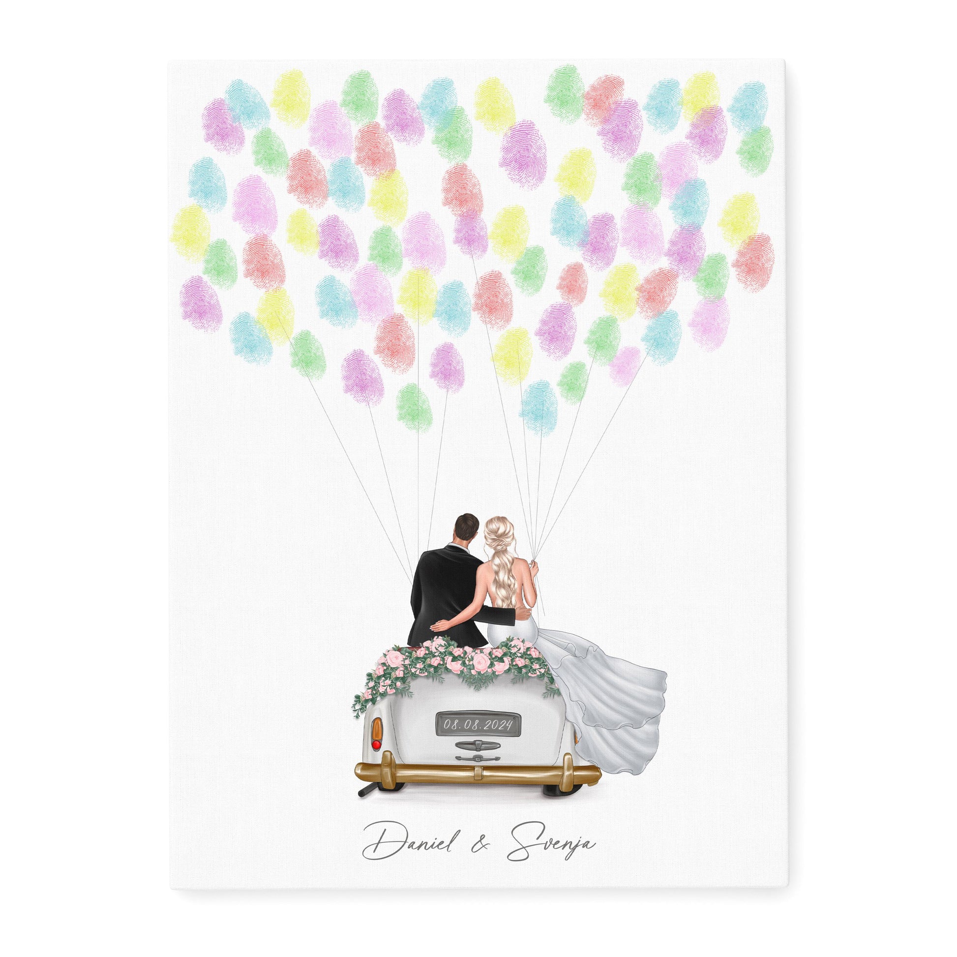 Hochzeit Gästebuch Fingerabdruck Leinwand personalisiert mit Brautpaar Hochzeitsauto Hochzeitsgeschenk 30x40 cm (OHNE Farbe)