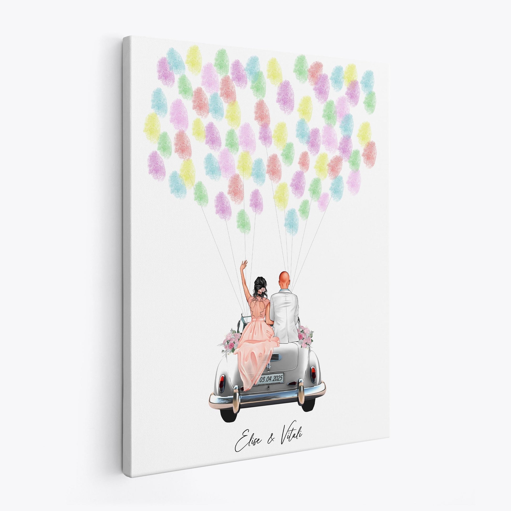 Gästebuch Hochzeit Fingerabdruck Leinwand personalisiert mit Brautpaar Hochzeitsauto Hochzeitsgeschenk 30x40 cm (OHNE Farbe)