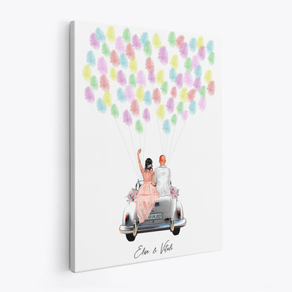 Gästebuch Hochzeit Fingerabdruck Leinwand personalisiert mit Brautpaar Hochzeitsauto Hochzeitsgeschenk 30x40 cm (OHNE Farbe)