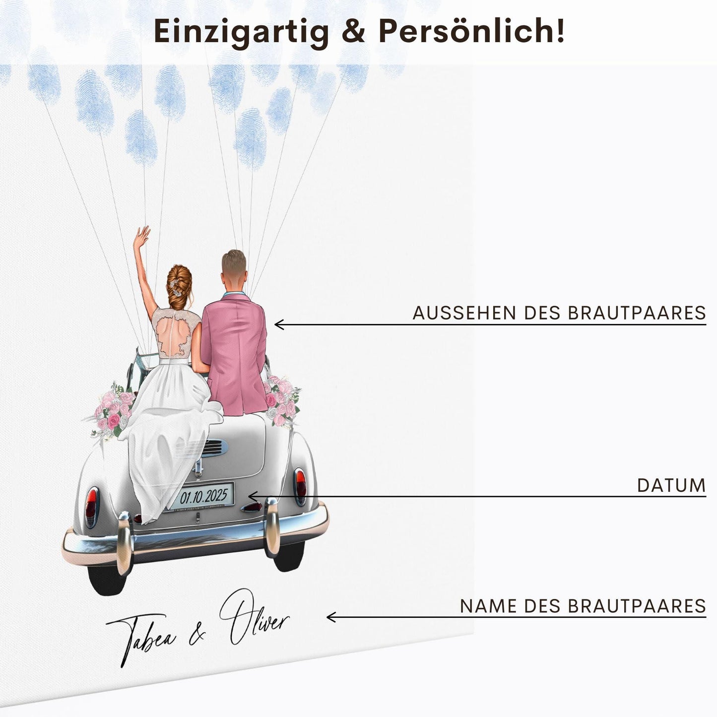 Gästebuch Hochzeit Fingerabdruck Leinwand personalisiert mit Brautpaar Hochzeitsauto Hochzeitsgeschenk 30x40 cm (OHNE Farbe)