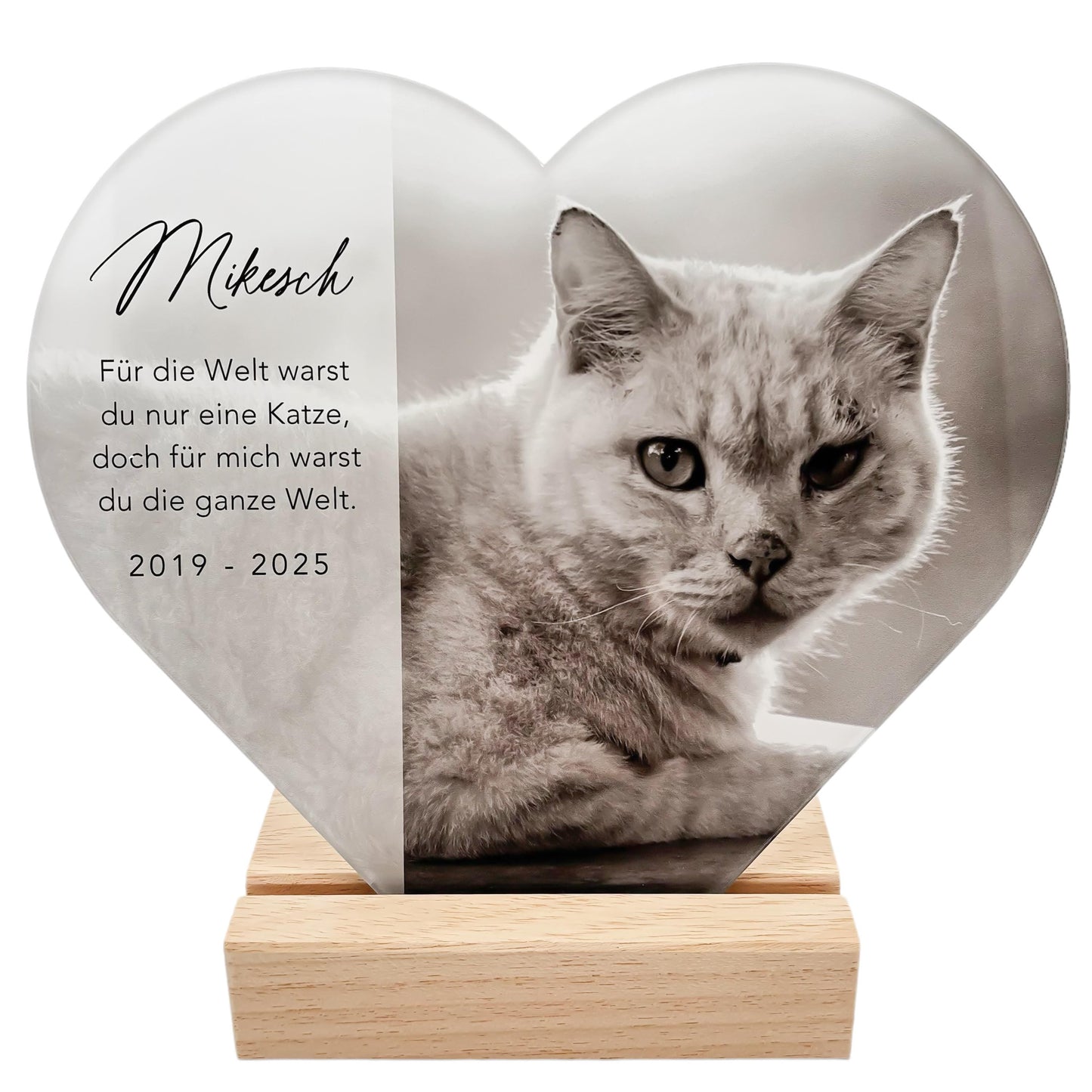 Andenken an verstorbene Katze Gedenktafel Katze Trauergeschenk Acrylglas Herz personalisiertes Geschenk für Trauernde inkl. Holzfuß 20x22 cm