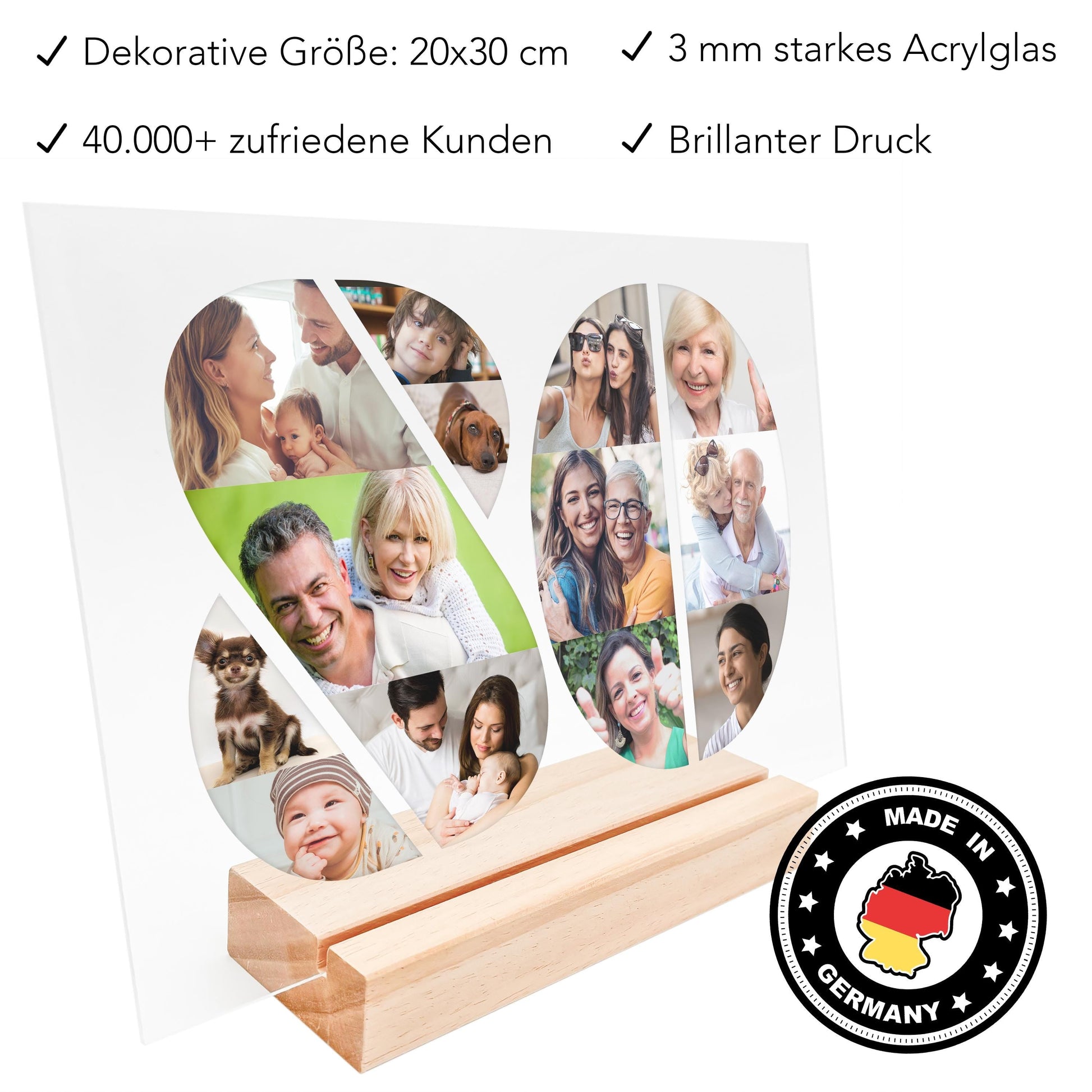 80. Geburtstag Frau Mann Geschenk Foto Acrylglas Bild Fotogeschenk personalisiert Geburtstagsgeschenk Fotocollage inkl. Holzfuß 20x30 cm