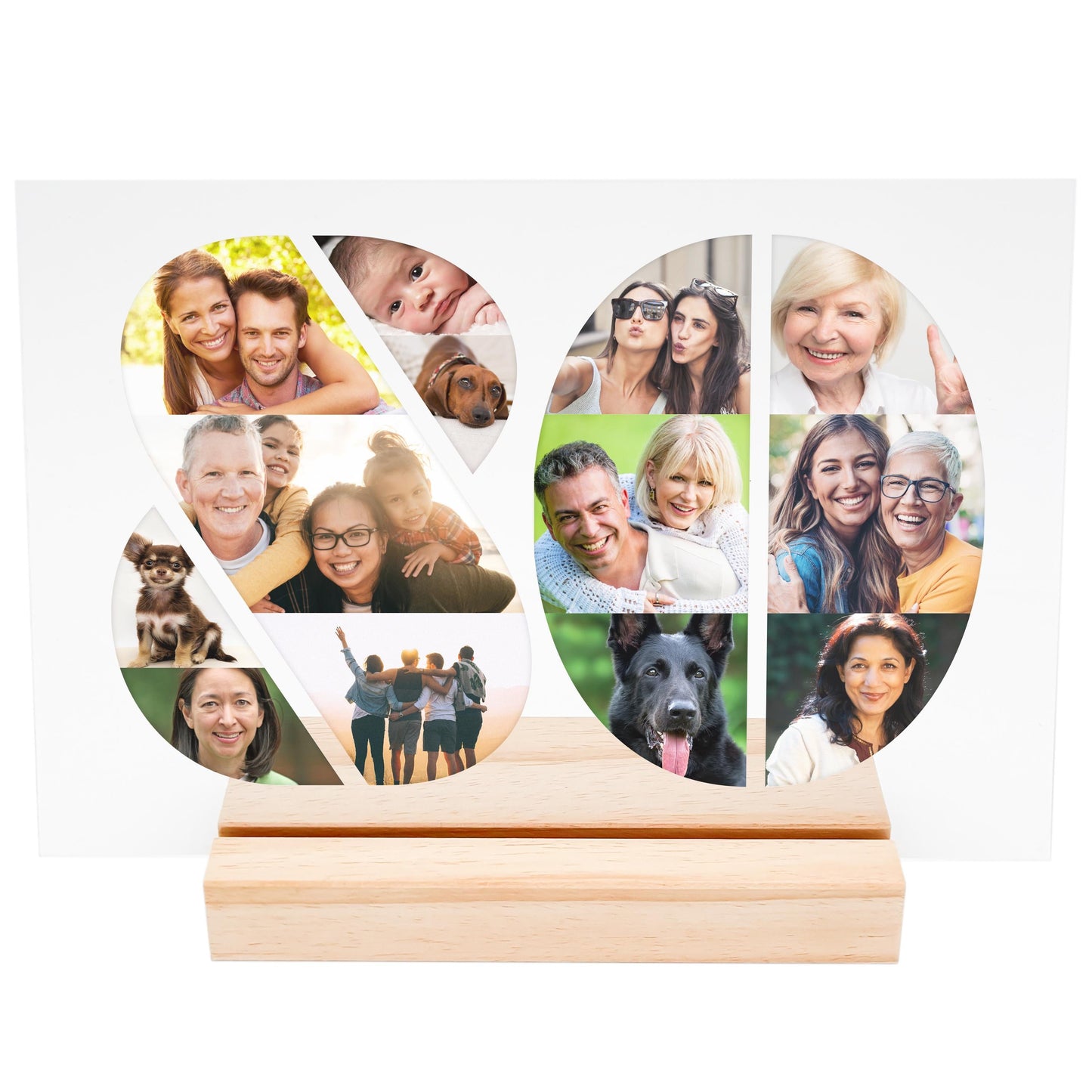 80. Geburtstag Frau Mann Geschenk Foto Acrylglas Bild Fotogeschenk personalisiert Geburtstagsgeschenk Fotocollage inkl. Holzfuß 20x30 cm