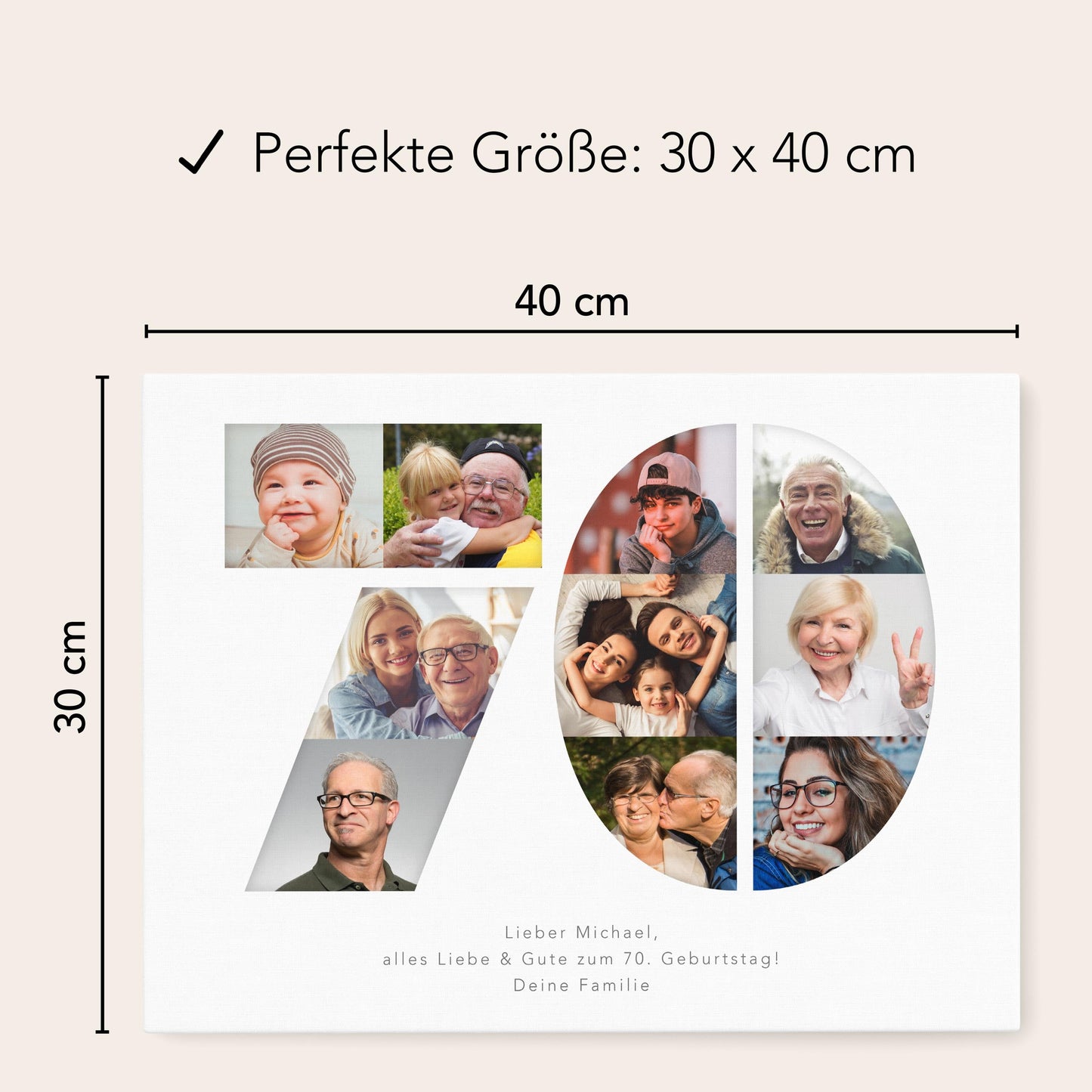 70. Geburtstag Frau Mann Geschenk Fotocollage 70 Leinwand personalisiert mit Fotos Fotogeschenk Geburtstagsgeschenk 30x40 cm