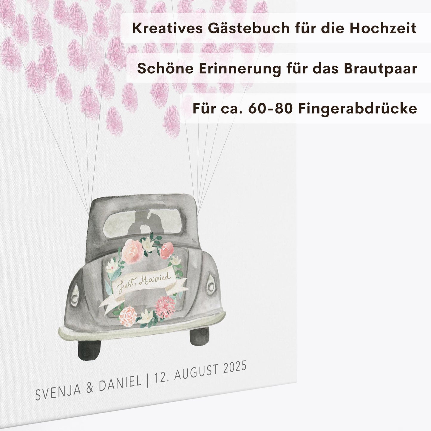 Gästebuch zur Hochzeit Fingerabdruck personalisierte Leinwand Hochzeitsauto Hochzeitsgeschenk 30x40 cm (OHNE Farbe)