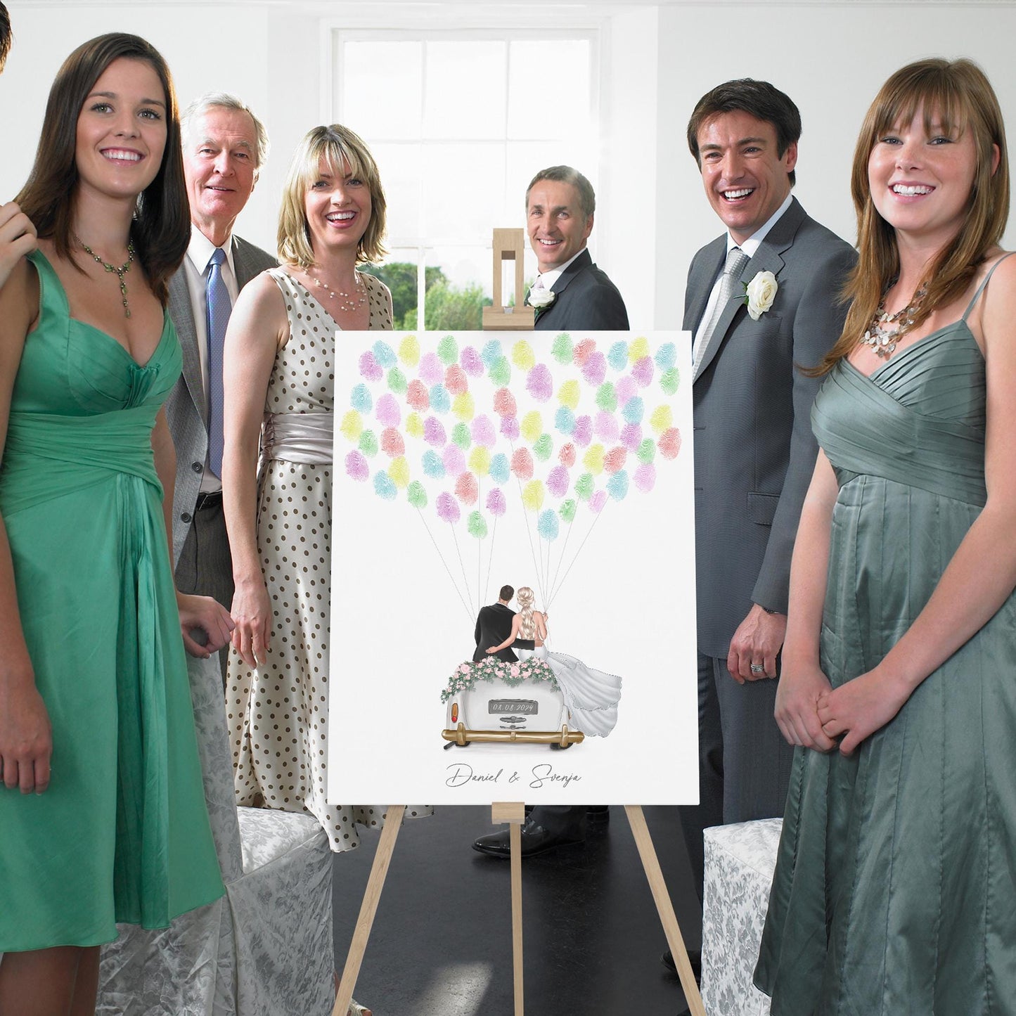 Hochzeit Gästebuch Fingerabdruck Leinwand personalisiert mit Brautpaar Hochzeitsauto Hochzeitsgeschenk 30x40 cm (OHNE Farbe)