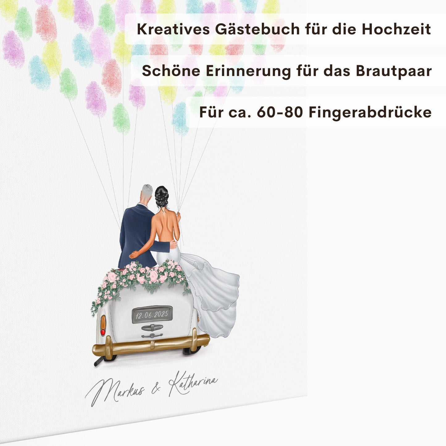 Hochzeit Gästebuch Fingerabdruck Leinwand personalisiert mit Brautpaar Hochzeitsauto Hochzeitsgeschenk 30x40 cm (OHNE Farbe)