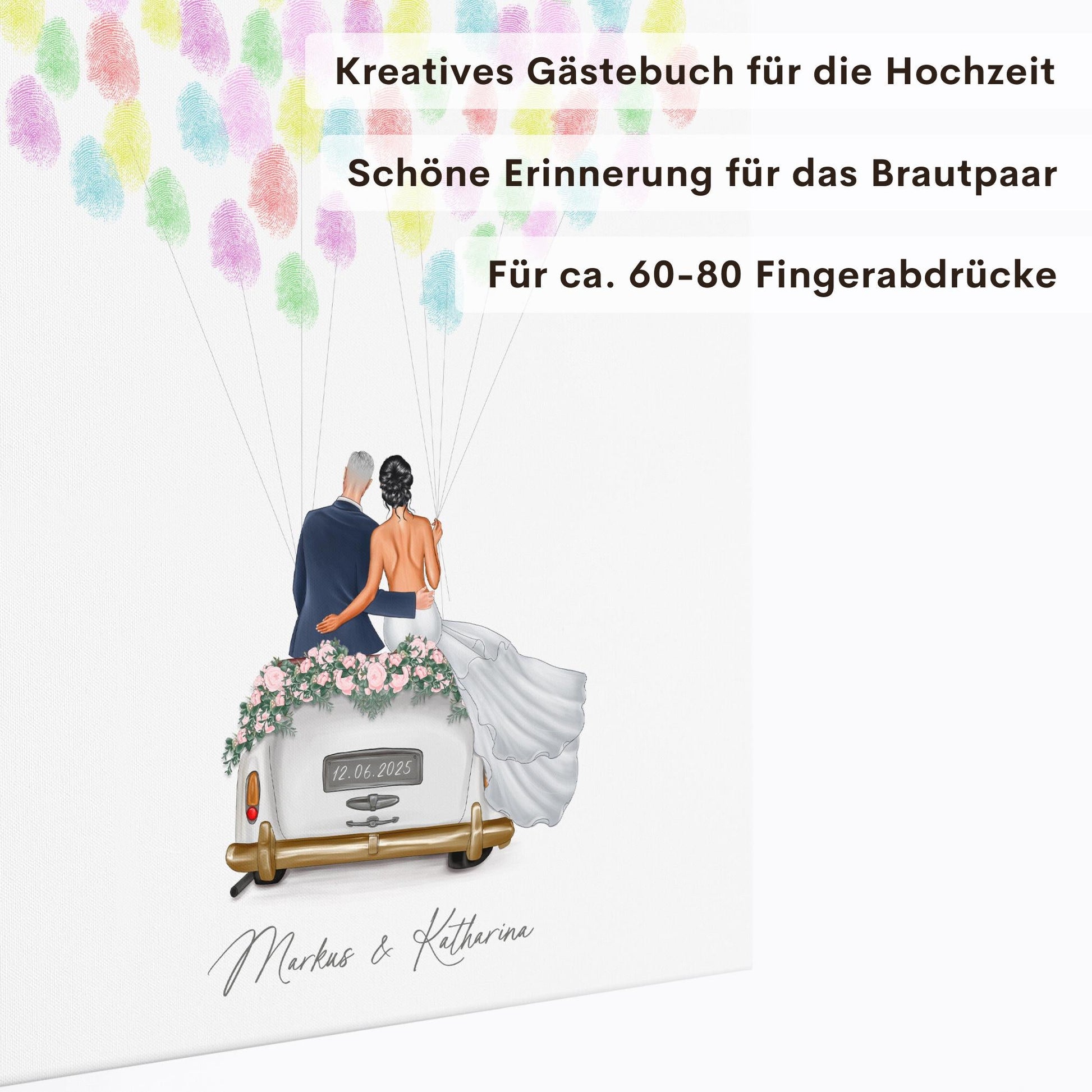 Hochzeit Gästebuch Fingerabdruck Leinwand personalisiert mit Brautpaar Hochzeitsauto Hochzeitsgeschenk 30x40 cm (OHNE Farbe)