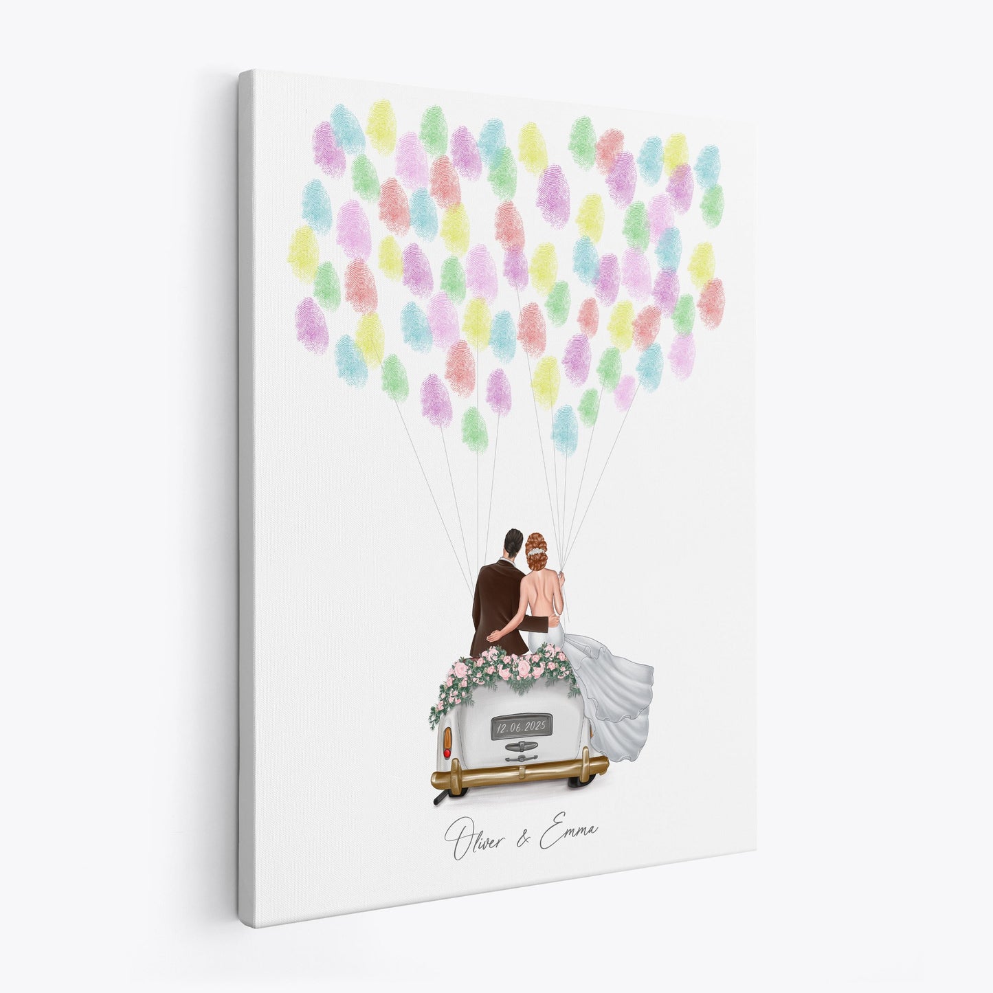 Hochzeit Gästebuch Fingerabdruck Leinwand personalisiert mit Brautpaar Hochzeitsauto Hochzeitsgeschenk 30x40 cm (OHNE Farbe)