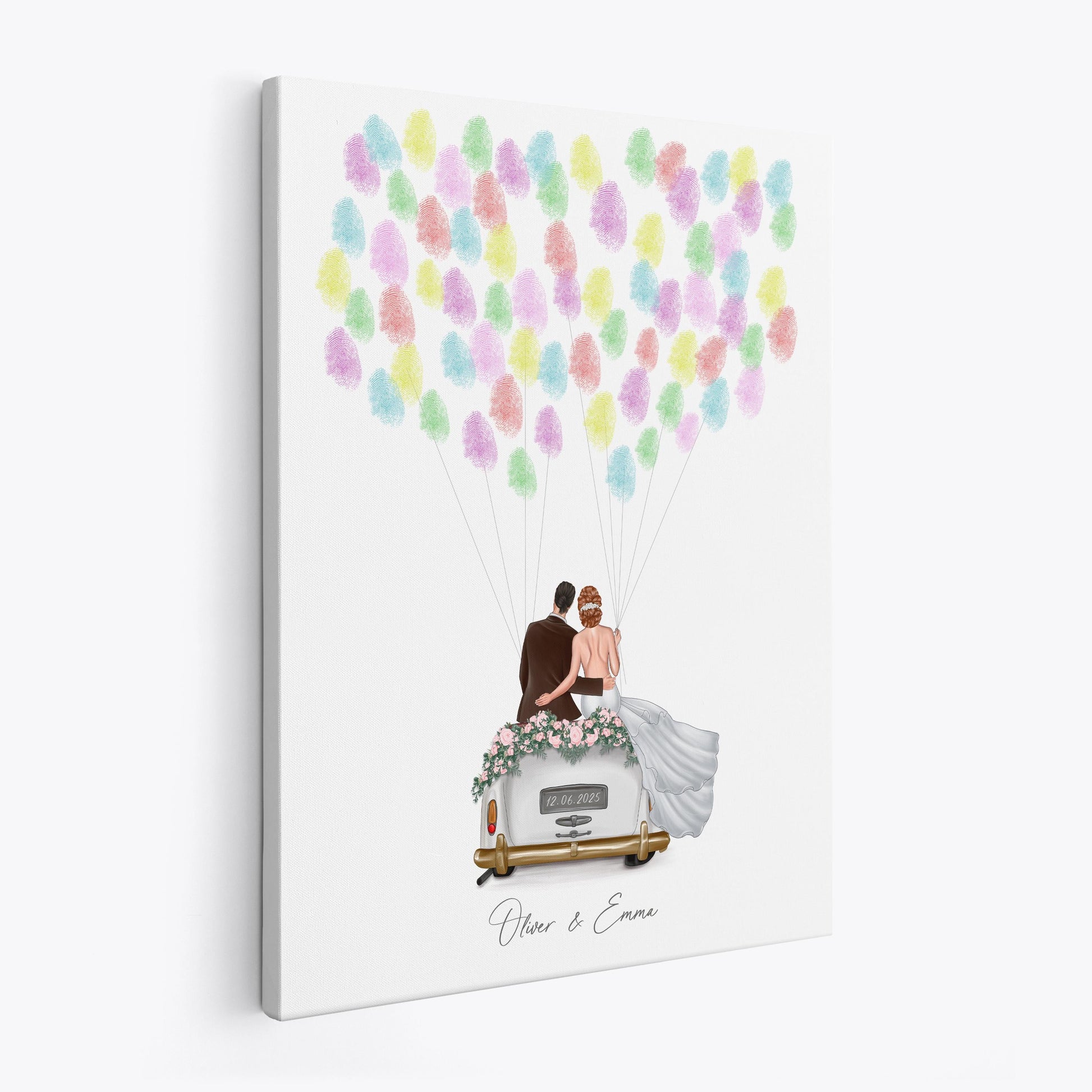 Hochzeit Gästebuch Fingerabdruck Leinwand personalisiert mit Brautpaar Hochzeitsauto Hochzeitsgeschenk 30x40 cm (OHNE Farbe)