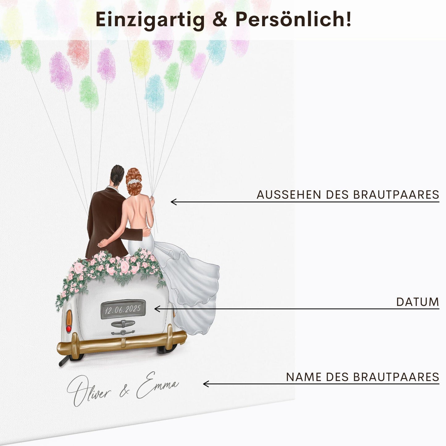 Hochzeit Gästebuch Fingerabdruck Leinwand personalisiert mit Brautpaar Hochzeitsauto Hochzeitsgeschenk 30x40 cm (OHNE Farbe)