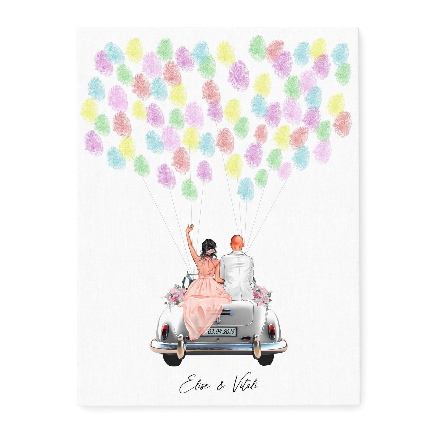 Gästebuch Hochzeit Fingerabdruck Leinwand personalisiert mit Brautpaar Hochzeitsauto Hochzeitsgeschenk 30x40 cm (OHNE Farbe)