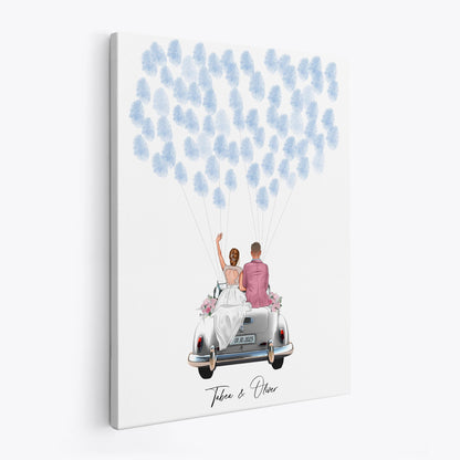 Gästebuch Hochzeit Fingerabdruck Leinwand personalisiert mit Brautpaar Hochzeitsauto Hochzeitsgeschenk 30x40 cm (OHNE Farbe)