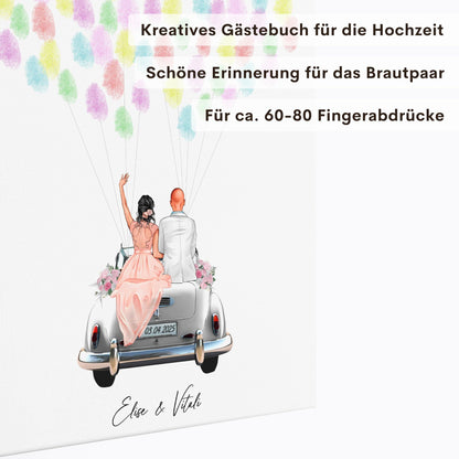 Gästebuch Hochzeit Fingerabdruck Leinwand personalisiert mit Brautpaar Hochzeitsauto Hochzeitsgeschenk 30x40 cm (OHNE Farbe)