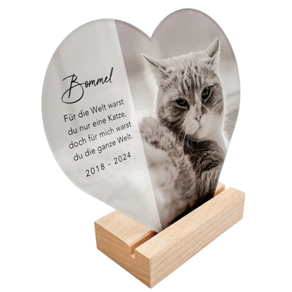 Andenken an verstorbene Katze Gedenktafel Katze Trauergeschenk Acrylglas Herz personalisiertes Geschenk für Trauernde inkl. Holzfuß 20x22 cm