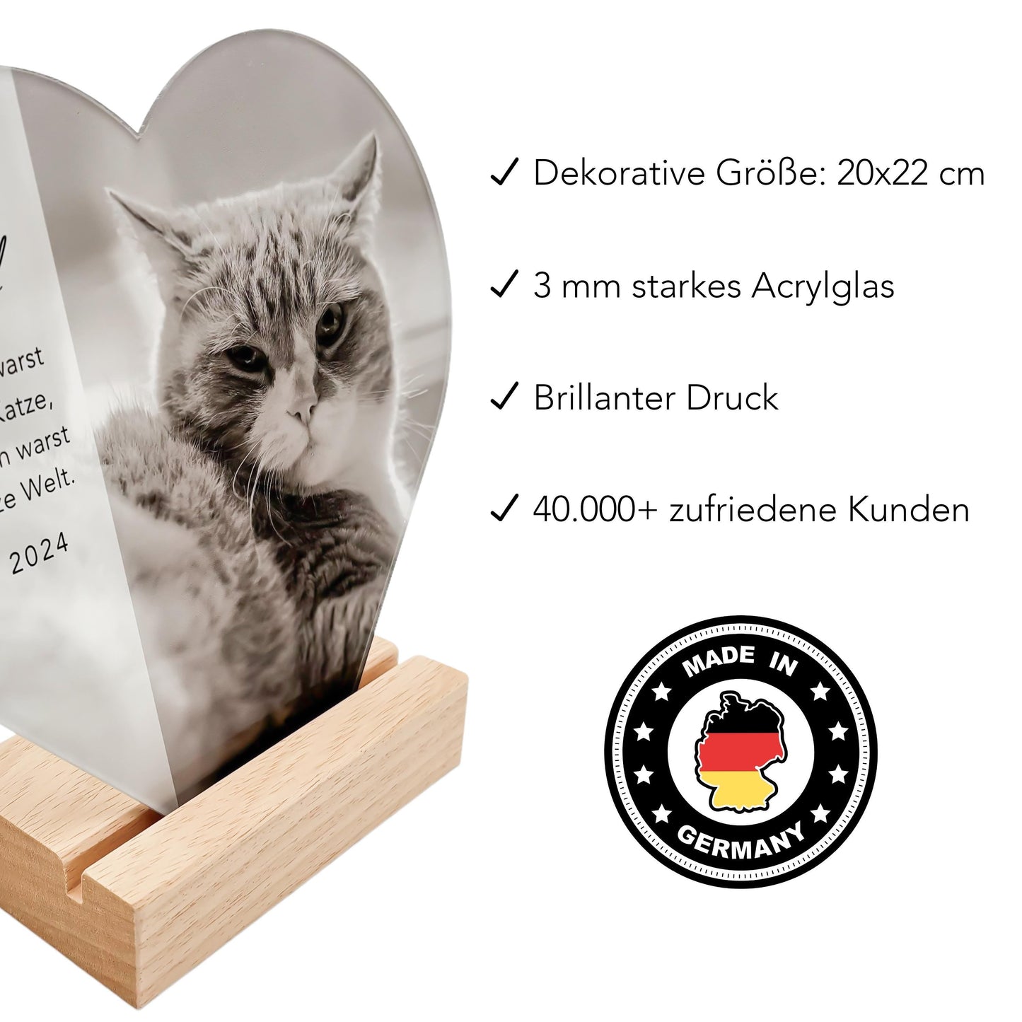 Andenken an verstorbene Katze Gedenktafel Katze Trauergeschenk Acrylglas Herz personalisiertes Geschenk für Trauernde inkl. Holzfuß 20x22 cm