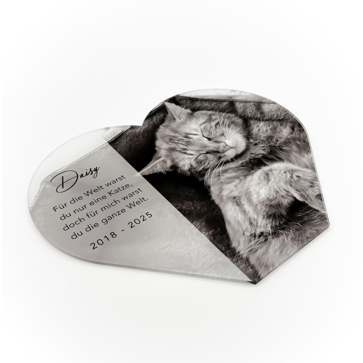 Andenken an verstorbene Katze Gedenktafel Katze Trauergeschenk Acrylglas Herz personalisiertes Geschenk für Trauernde inkl. Holzfuß 20x22 cm