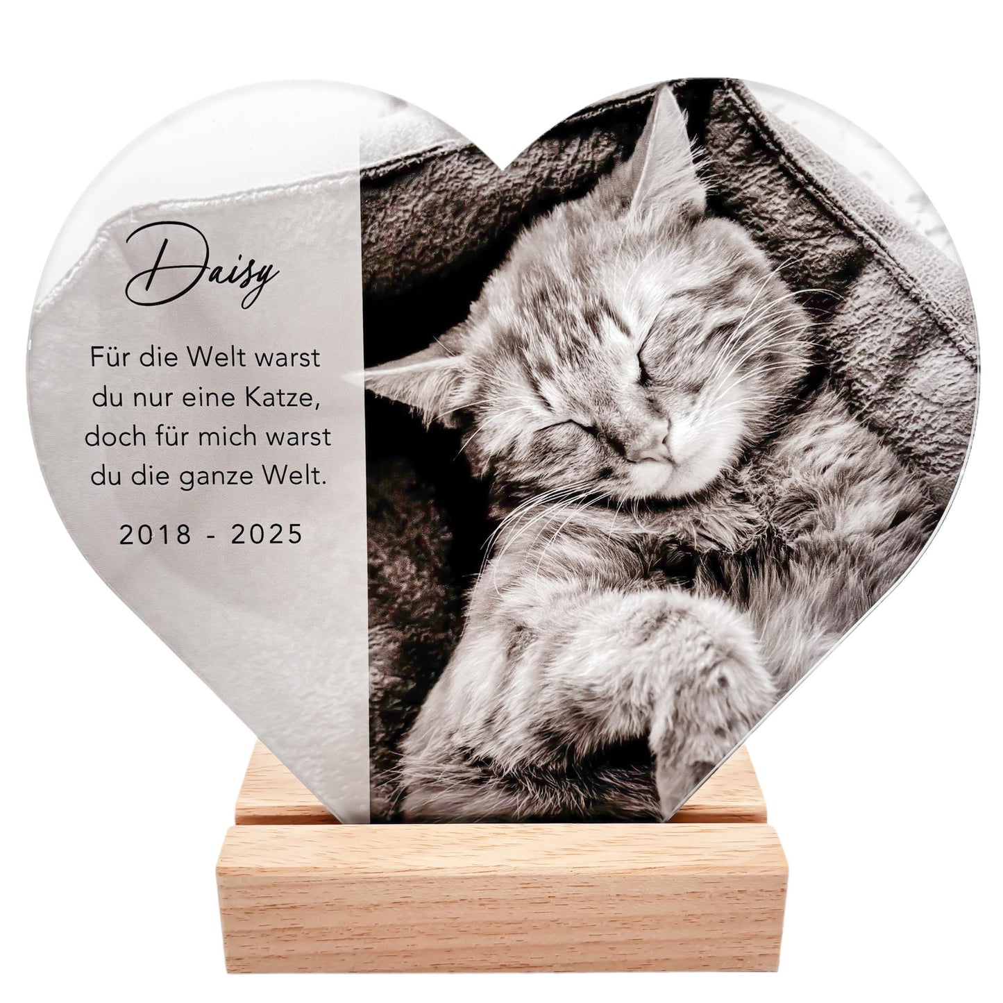 Andenken an verstorbene Katze Gedenktafel Katze Trauergeschenk Acrylglas Herz personalisiertes Geschenk für Trauernde inkl. Holzfuß 20x22 cm