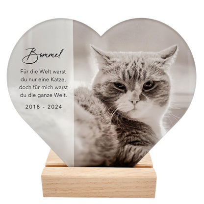 Andenken an verstorbene Katze Gedenktafel Katze Trauergeschenk Acrylglas Herz personalisiertes Geschenk für Trauernde inkl. Holzfuß 20x22 cm