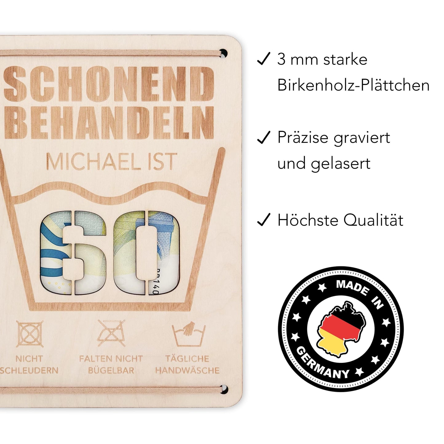 Schonend Behandeln 60. Geburtstag Geldgeschenk personalisiert Geldverpackung Verpackung Geld Geburtstagsgeschenk Geschenkkarte Holz 12x17 cm