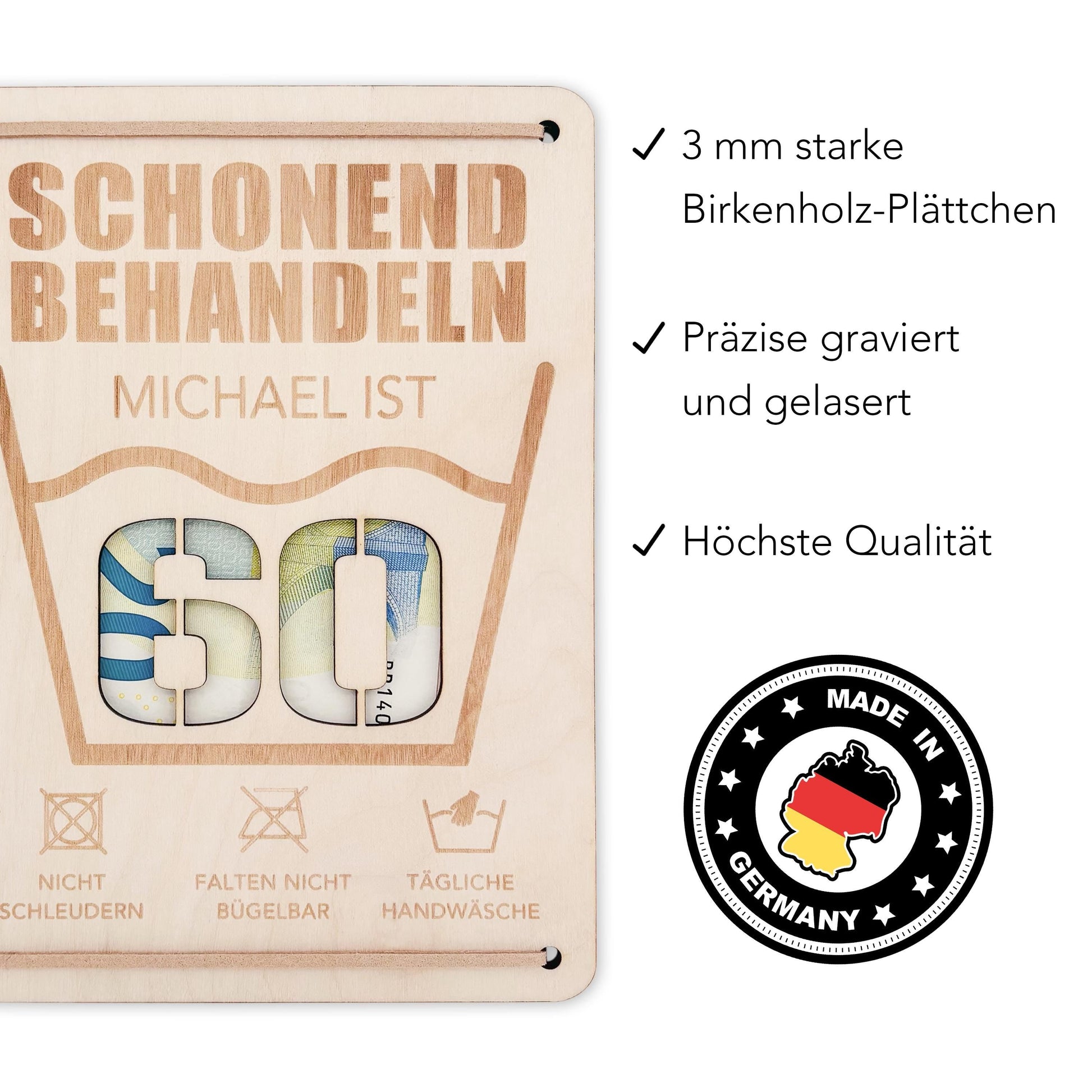 Schonend Behandeln 60. Geburtstag Geldgeschenk personalisiert Geldverpackung Verpackung Geld Geburtstagsgeschenk Geschenkkarte Holz 12x17 cm
