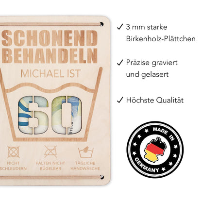 Schonend Behandeln 60. Geburtstag Geldgeschenk personalisiert Geldverpackung Verpackung Geld Geburtstagsgeschenk Geschenkkarte Holz 12x17 cm