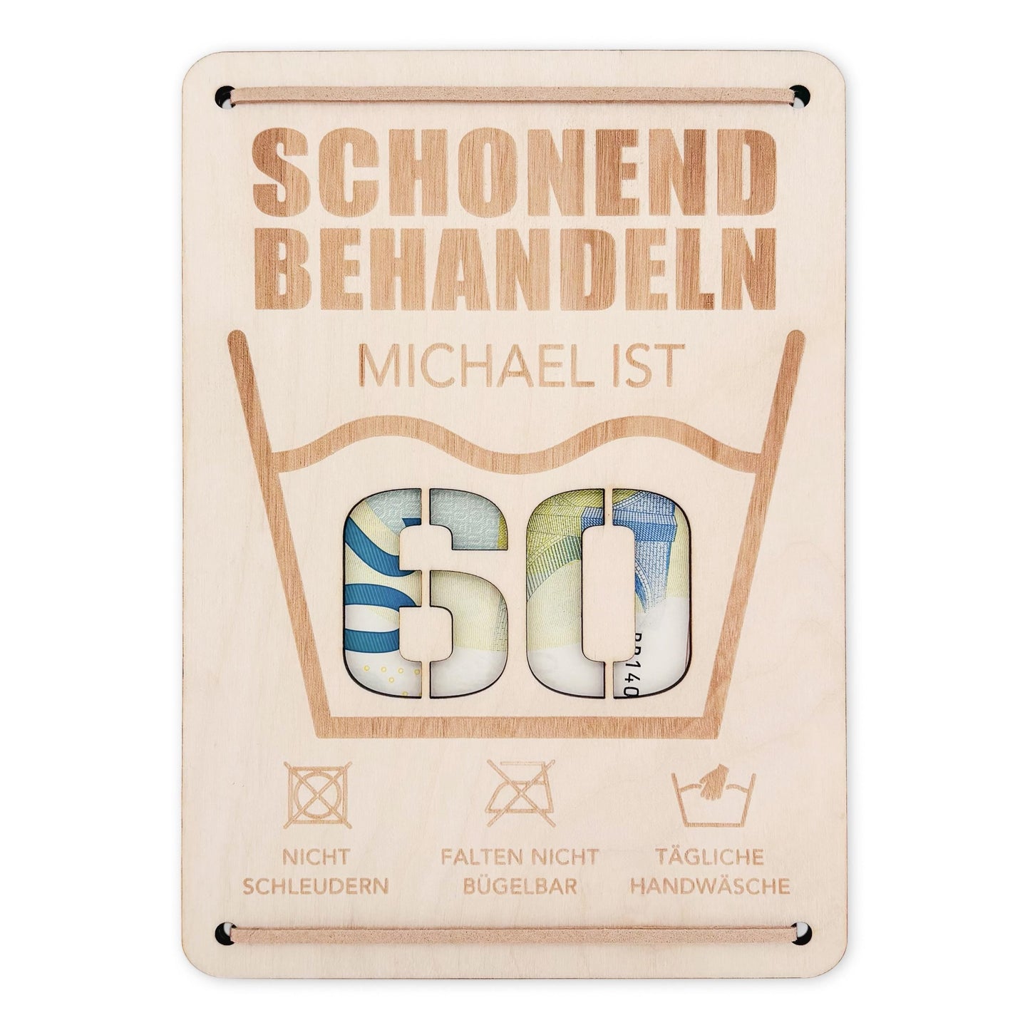 Schonend Behandeln 60. Geburtstag Geldgeschenk personalisiert Geldverpackung Verpackung Geld Geburtstagsgeschenk Geschenkkarte Holz 12x17 cm