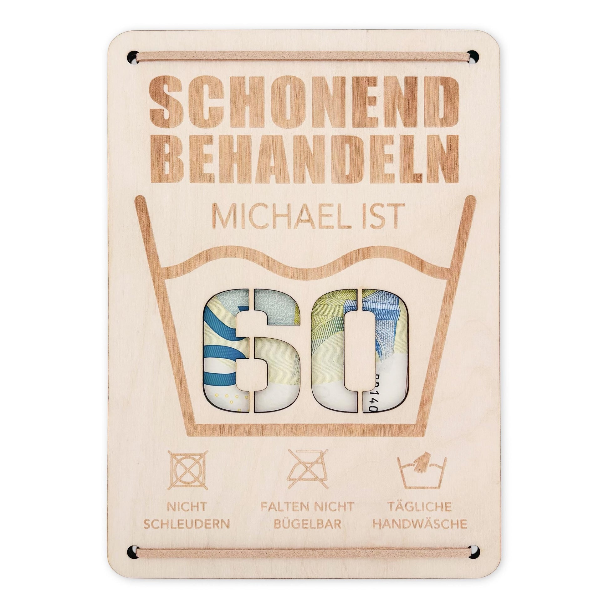 Schonend Behandeln 60. Geburtstag Geldgeschenk personalisiert Geldverpackung Verpackung Geld Geburtstagsgeschenk Geschenkkarte Holz 12x17 cm