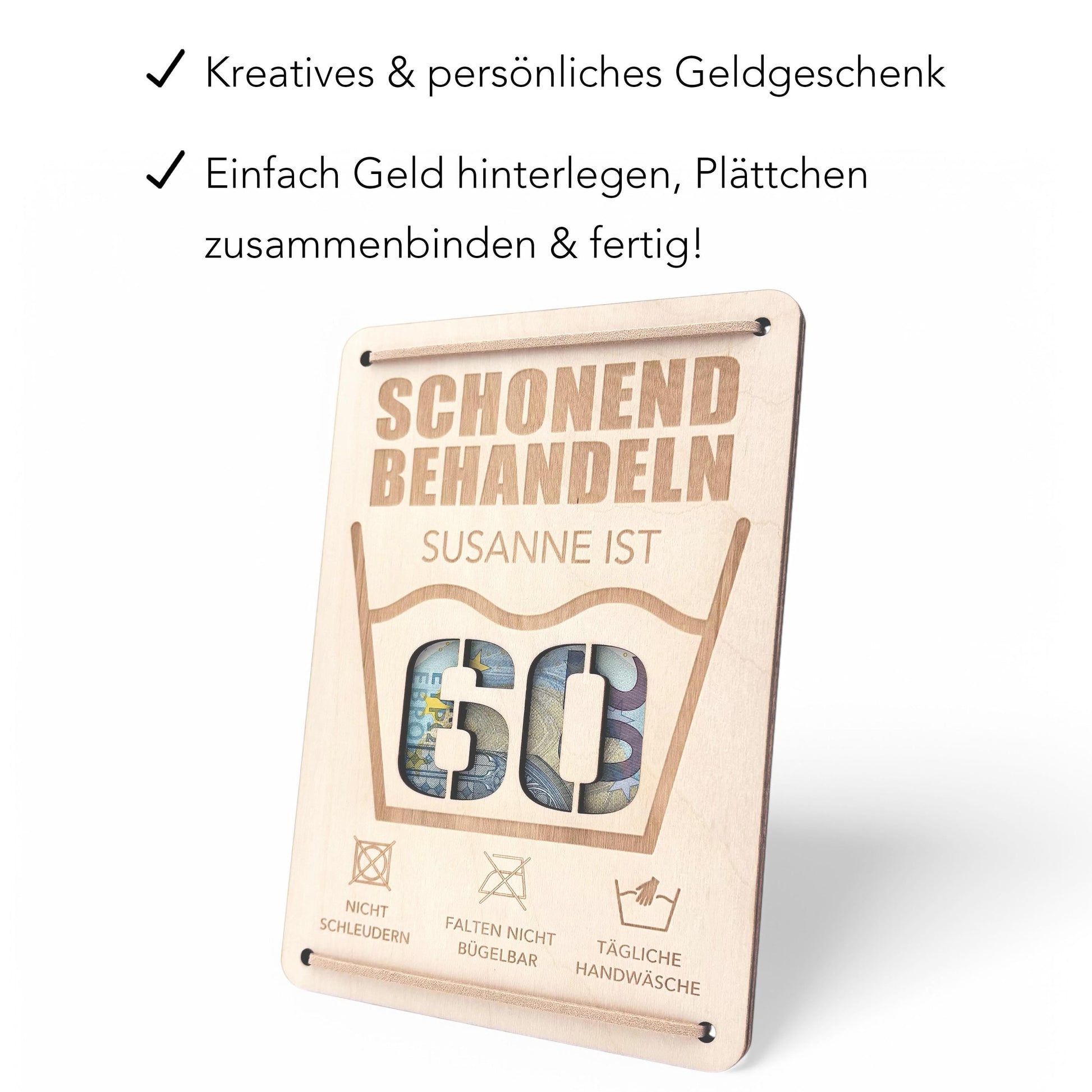 Schonend Behandeln 60. Geburtstag Geldgeschenk personalisiert Geldverpackung Verpackung Geld Geburtstagsgeschenk Geschenkkarte Holz 12x17 cm