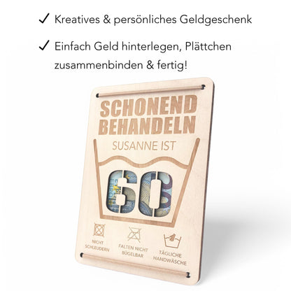 Schonend Behandeln 60. Geburtstag Geldgeschenk personalisiert Geldverpackung Verpackung Geld Geburtstagsgeschenk Geschenkkarte Holz 12x17 cm