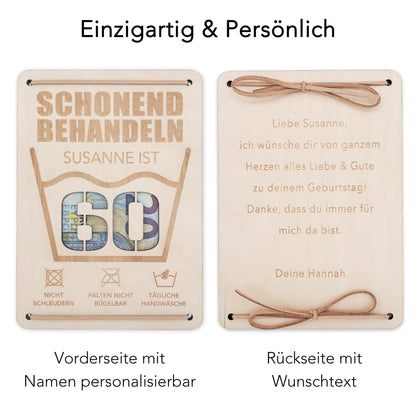 Schonend Behandeln 60. Geburtstag Geldgeschenk personalisiert Geldverpackung Verpackung Geld Geburtstagsgeschenk Geschenkkarte Holz 12x17 cm