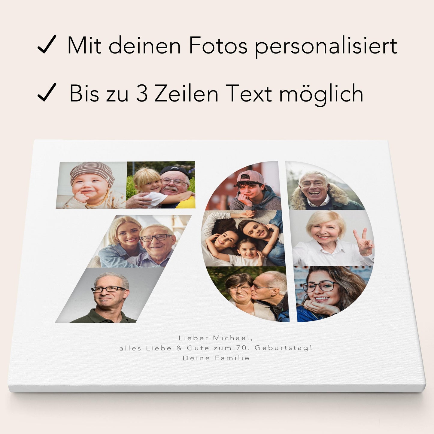 70. Geburtstag Frau Mann Geschenk Fotocollage 70 Leinwand personalisiert mit Fotos Fotogeschenk Geburtstagsgeschenk 30x40 cm