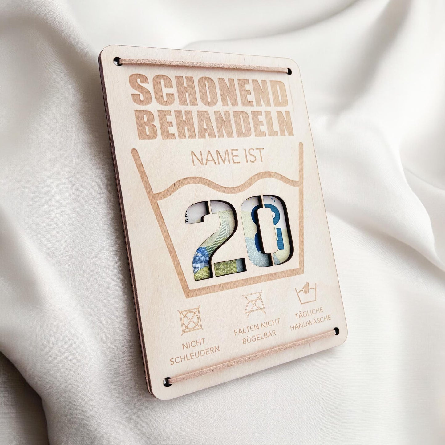 Schonend Behandeln 20. Geburtstag Geldgeschenk personalisiert Geldverpackung Verpackung Geld Geburtstagsgeschenk Geschenkkarte Holz 12x17 cm
