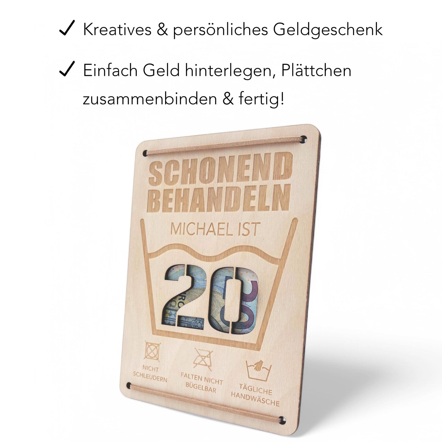 Schonend Behandeln 20. Geburtstag Geldgeschenk personalisiert Geldverpackung Verpackung Geld Geburtstagsgeschenk Geschenkkarte Holz 12x17 cm