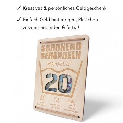 Schonend Behandeln 20. Geburtstag Geldgeschenk personalisiert Geldverpackung Verpackung Geld Geburtstagsgeschenk Geschenkkarte Holz 12x17 cm