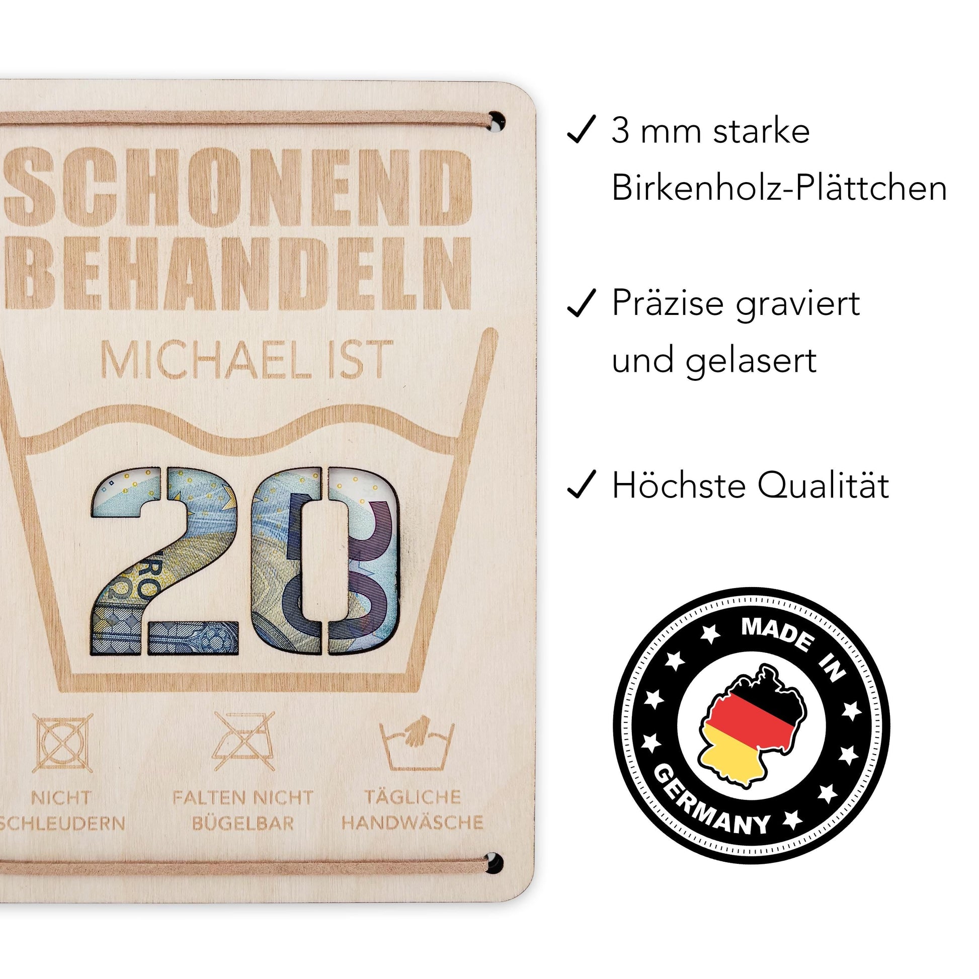 Schonend Behandeln 20. Geburtstag Geldgeschenk personalisiert Geldverpackung Verpackung Geld Geburtstagsgeschenk Geschenkkarte Holz 12x17 cm