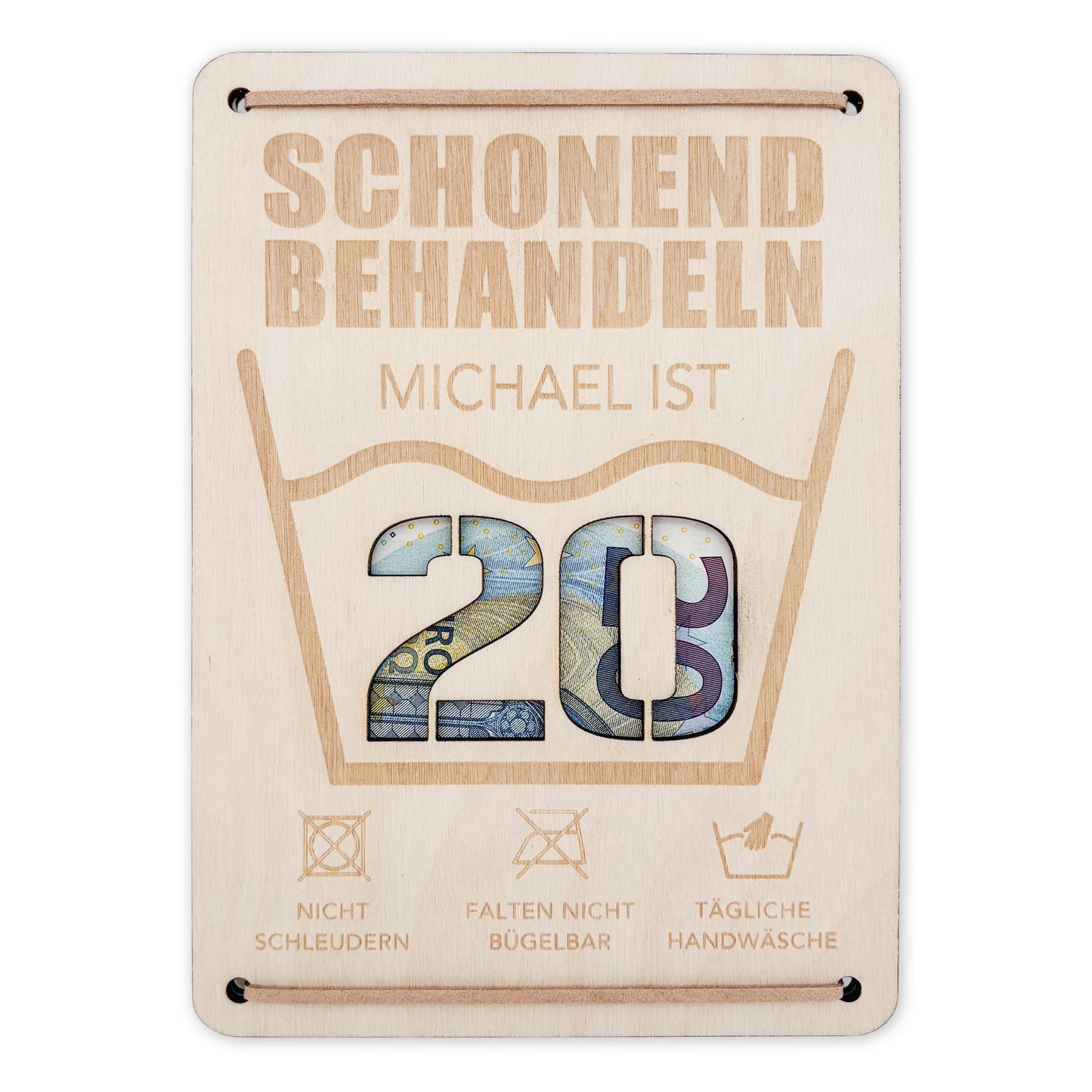 Schonend Behandeln 20. Geburtstag Geldgeschenk personalisiert Geldverpackung Verpackung Geld Geburtstagsgeschenk Geschenkkarte Holz 12x17 cm