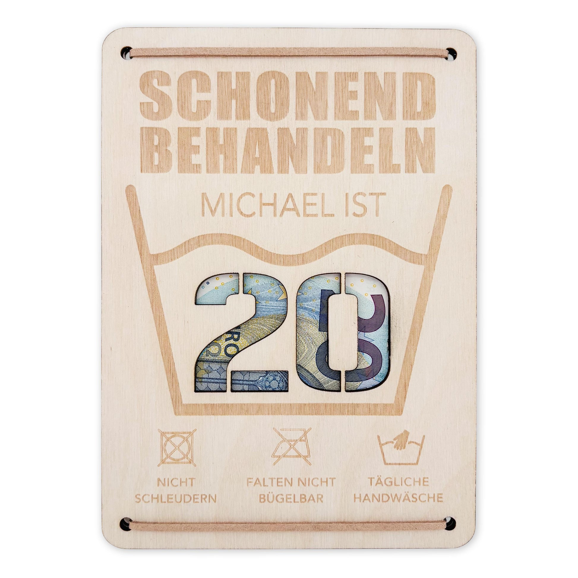 Schonend Behandeln 20. Geburtstag Geldgeschenk personalisiert Geldverpackung Verpackung Geld Geburtstagsgeschenk Geschenkkarte Holz 12x17 cm