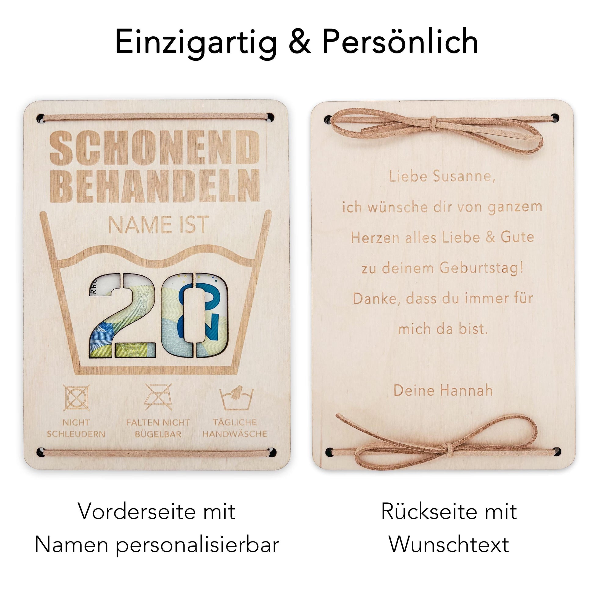 Schonend Behandeln 20. Geburtstag Geldgeschenk personalisiert Geldverpackung Verpackung Geld Geburtstagsgeschenk Geschenkkarte Holz 12x17 cm