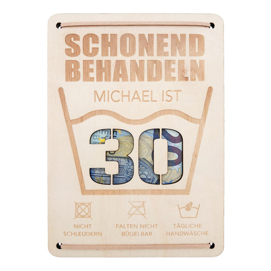 Schonend Behandeln 30. Geburtstag Geldgeschenk personalisiert Geldverpackung Verpackung Geld Geburtstagsgeschenk Geschenkkarte Holz 12x17 cm