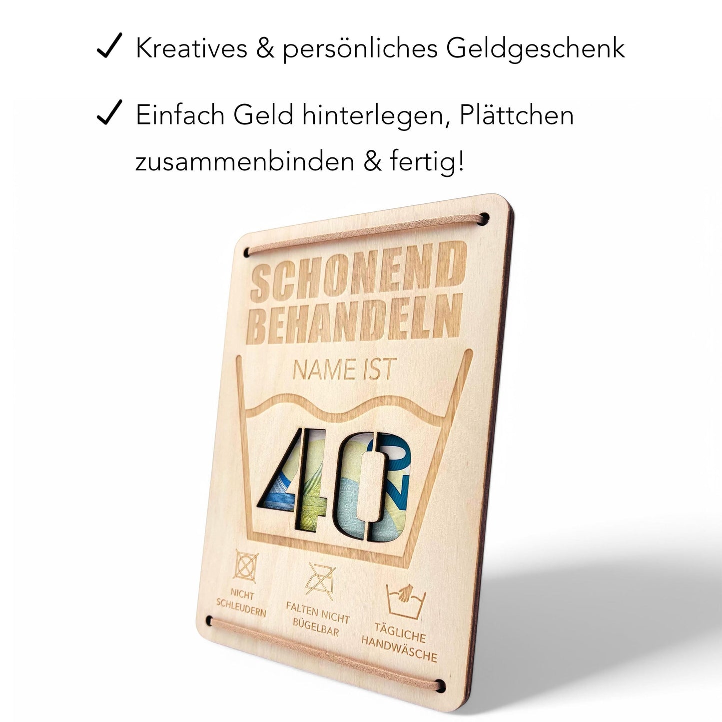 Schonend Behandeln 40. Geburtstag Geldgeschenk personalisiert Geldverpackung Verpackung Geld Geburtstagsgeschenk Geschenkkarte Holz 12x17 cm