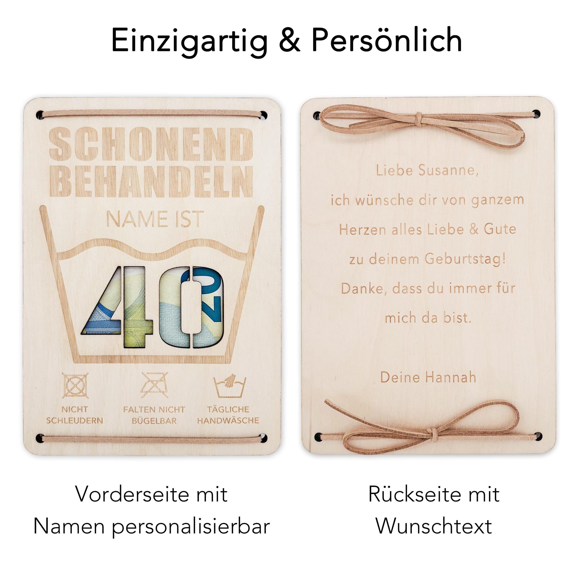 Schonend Behandeln 40. Geburtstag Geldgeschenk personalisiert Geldverpackung Verpackung Geld Geburtstagsgeschenk Geschenkkarte Holz 12x17 cm