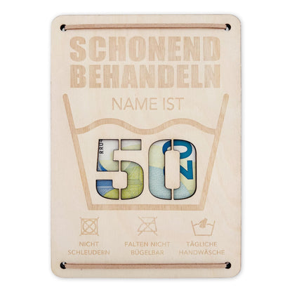 Schonend Behandeln 50. Geburtstag Geldgeschenk personalisiert Geldverpackung Verpackung Geld Geburtstagsgeschenk Geschenkkarte Holz 12x17 cm