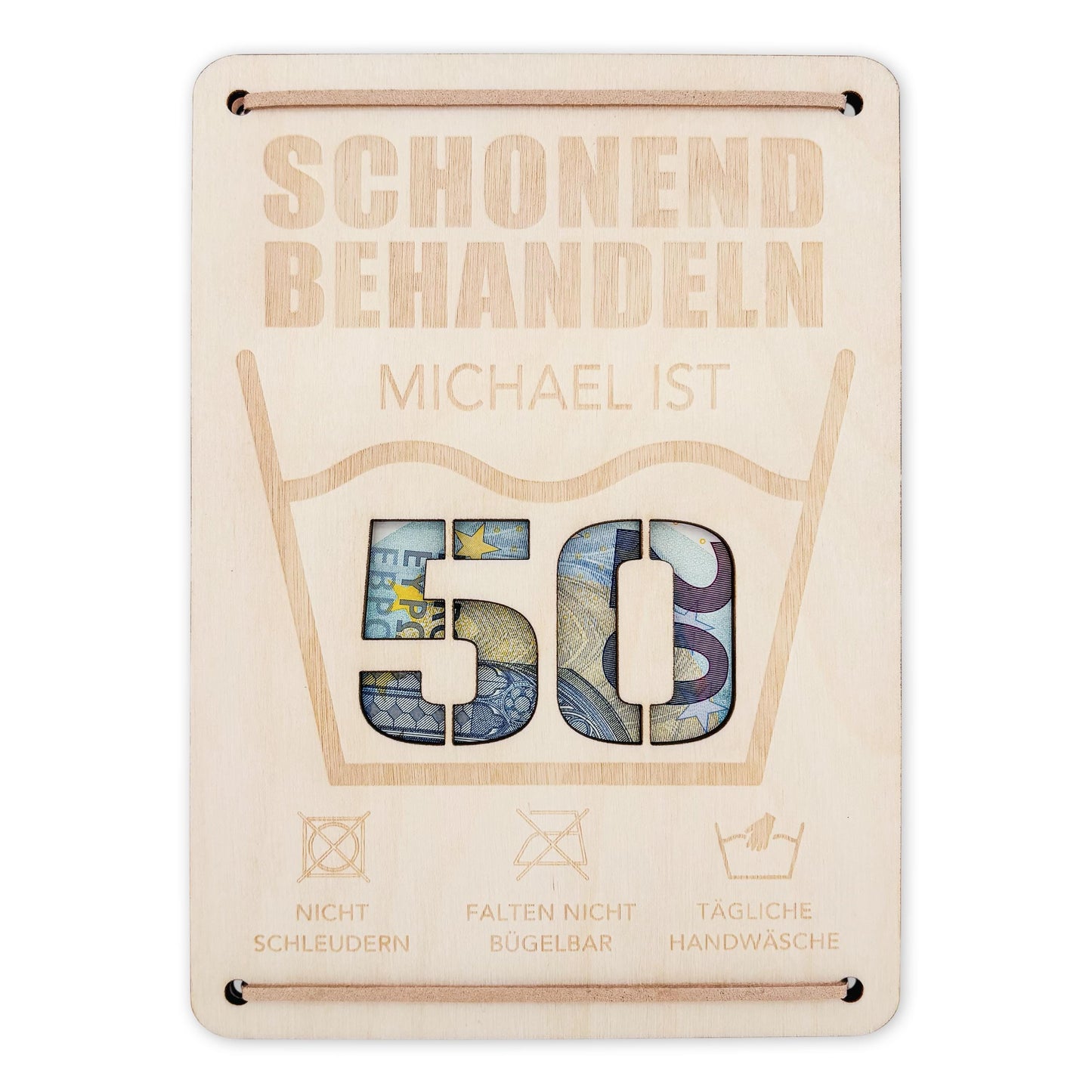 Schonend Behandeln 50. Geburtstag Geldgeschenk personalisiert Geldverpackung Verpackung Geld Geburtstagsgeschenk Geschenkkarte Holz 12x17 cm