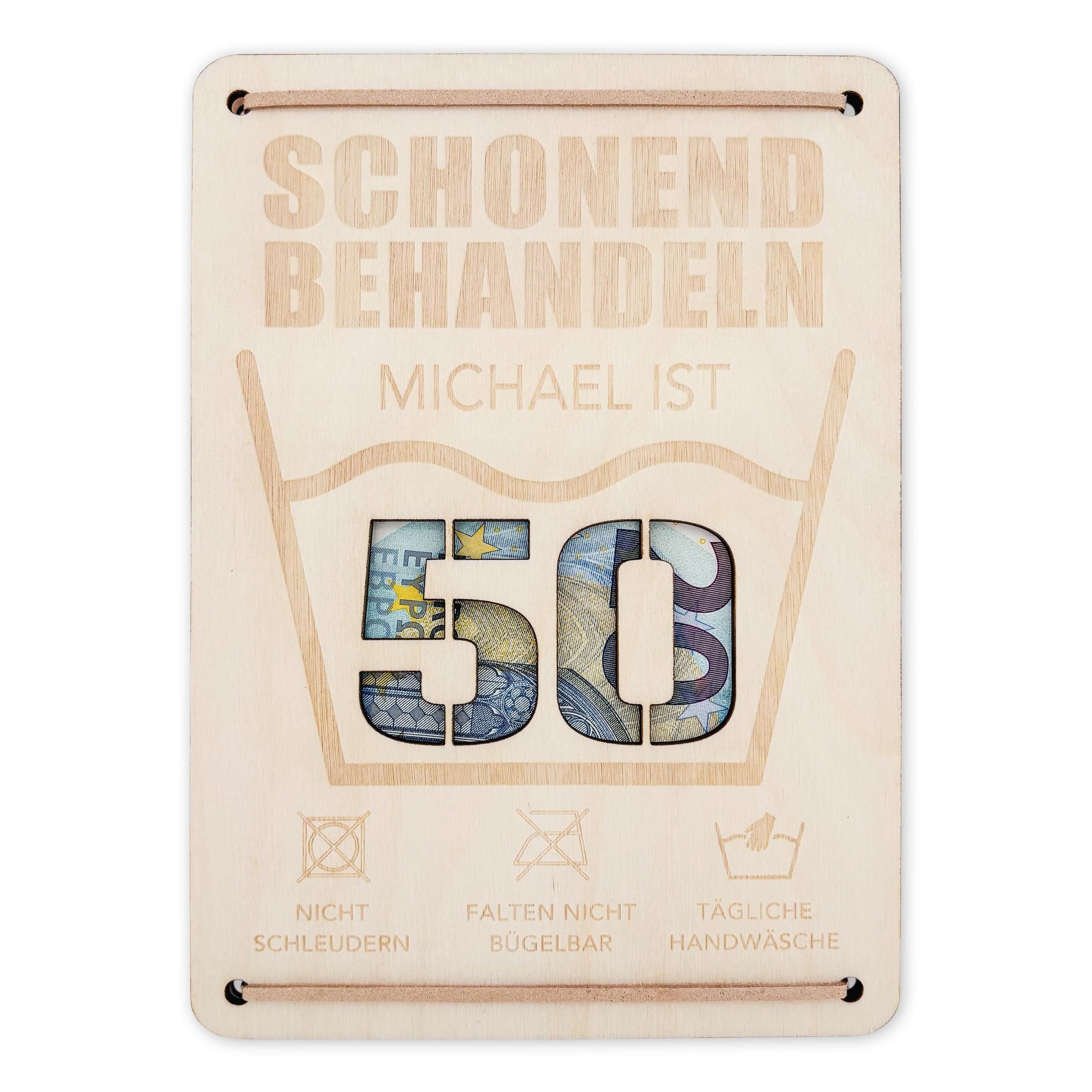 Schonend Behandeln 50. Geburtstag Geldgeschenk personalisiert Geldverpackung Verpackung Geld Geburtstagsgeschenk Geschenkkarte Holz 12x17 cm