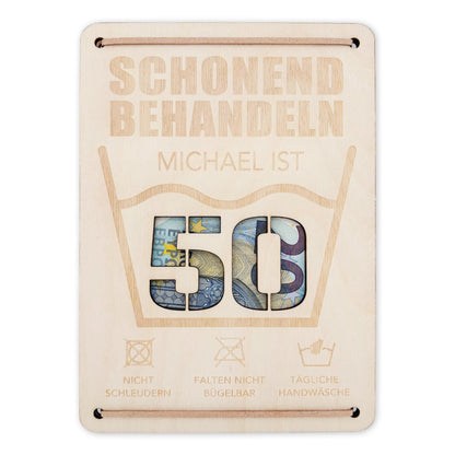 Schonend Behandeln 50. Geburtstag Geldgeschenk personalisiert Geldverpackung Verpackung Geld Geburtstagsgeschenk Geschenkkarte Holz 12x17 cm