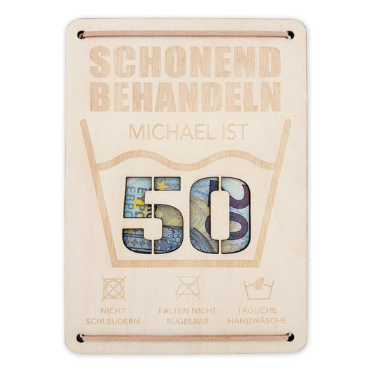 Schonend Behandeln 50. Geburtstag Geldgeschenk personalisiert Geldverpackung Verpackung Geld Geburtstagsgeschenk Geschenkkarte Holz 12x17 cm
