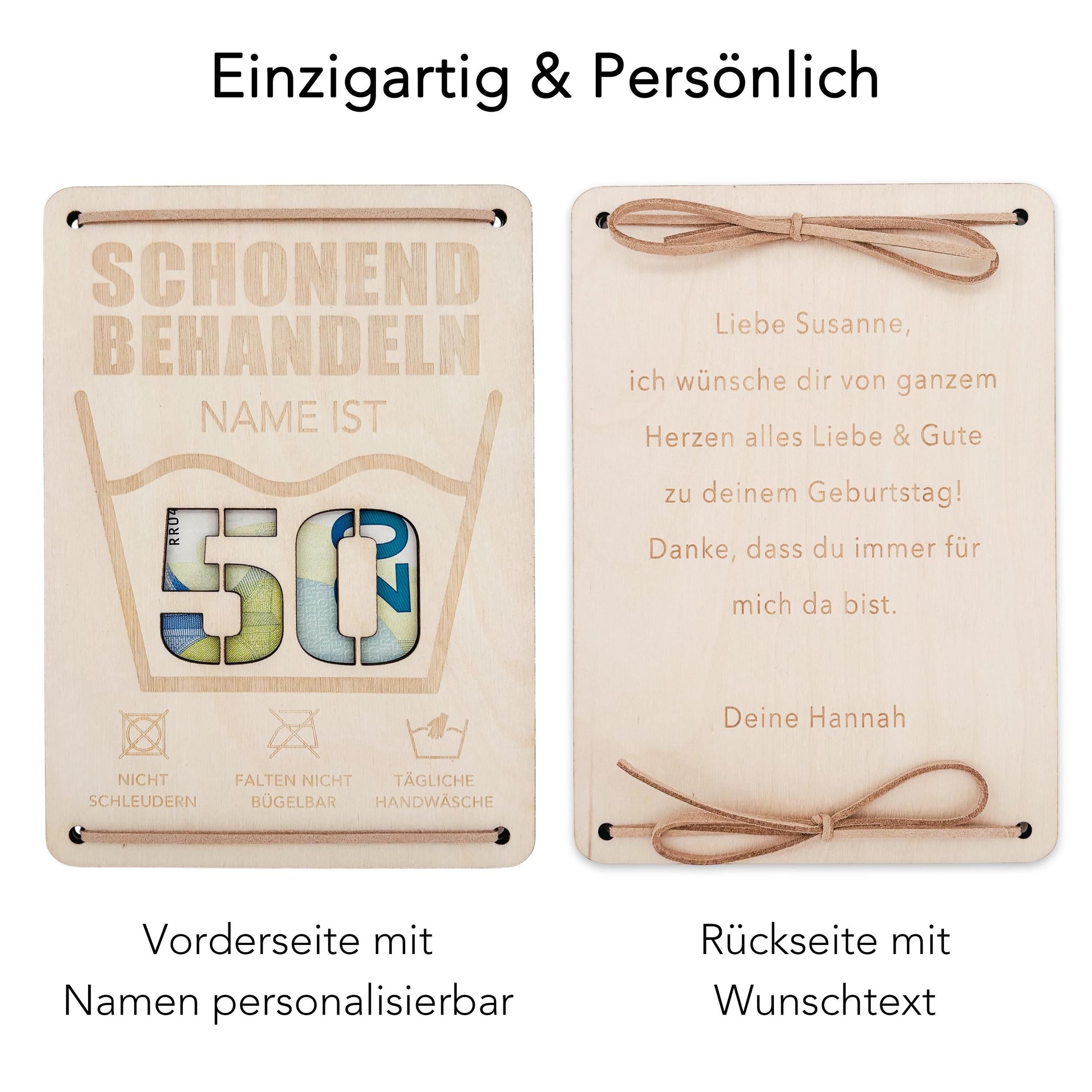Schonend Behandeln 50. Geburtstag Geldgeschenk personalisiert Geldverpackung Verpackung Geld Geburtstagsgeschenk Geschenkkarte Holz 12x17 cm